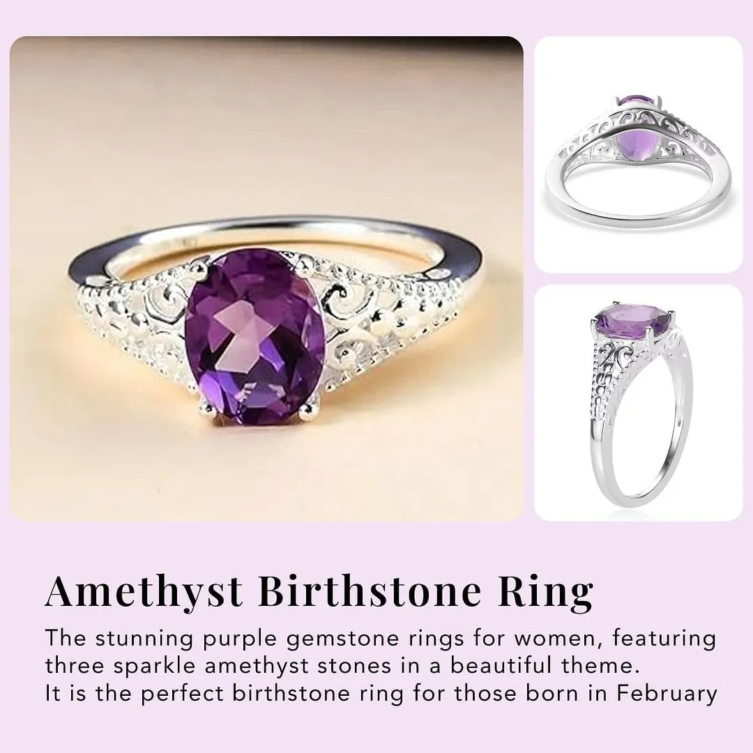 Amethyst Ring for Women in 925 Sterling Silver - Birthstone Promise Engagement Vintage Purple Amethyst Jewelry Birthday Gifts