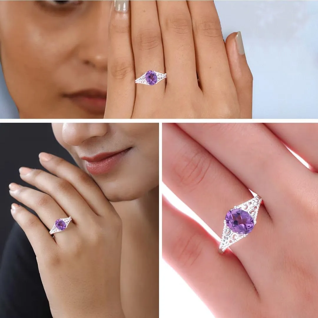 Amethyst Ring for Women in 925 Sterling Silver - Birthstone Promise Engagement Vintage Purple Amethyst Jewelry Birthday Gifts