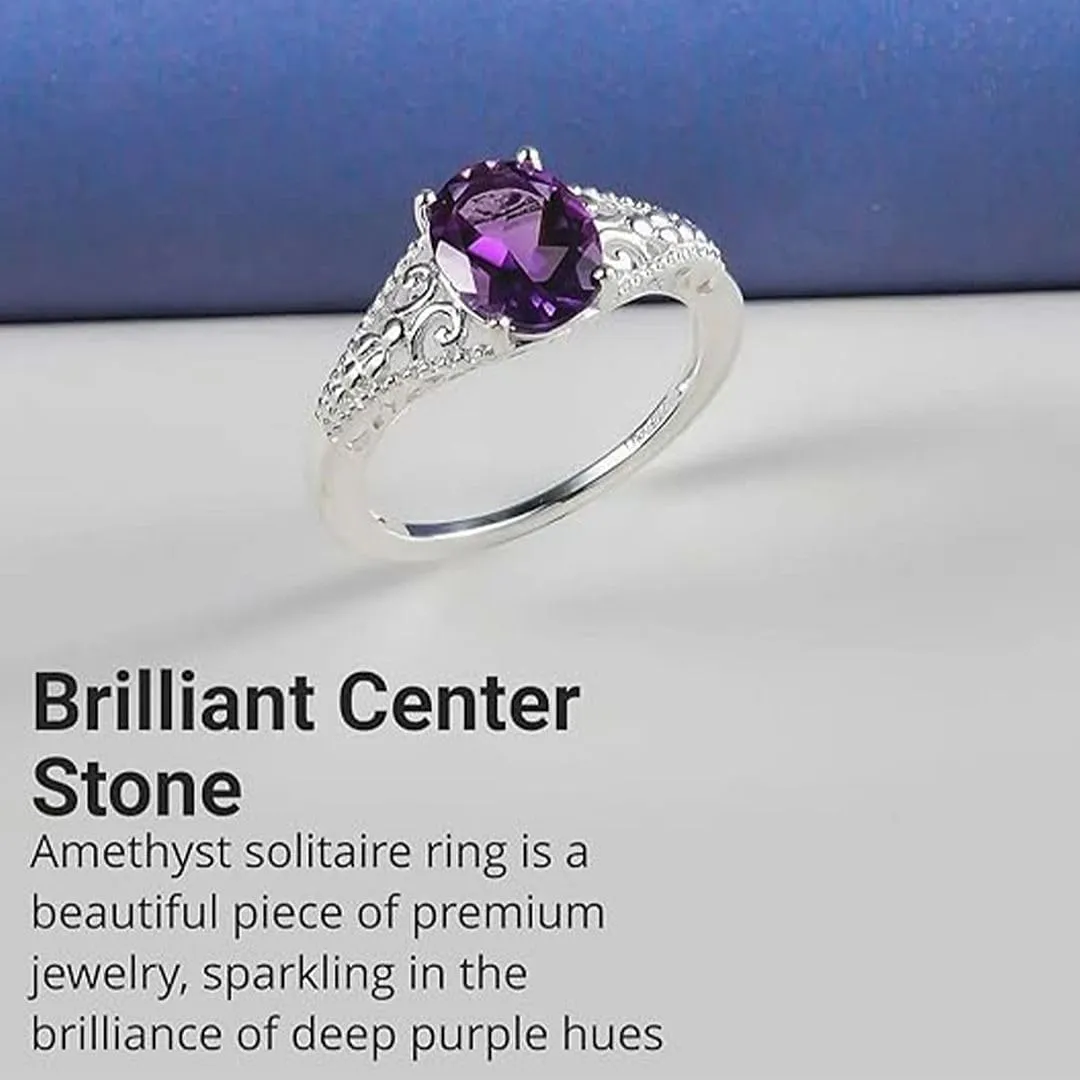 Amethyst Ring for Women in 925 Sterling Silver - Birthstone Promise Engagement Vintage Purple Amethyst Jewelry Birthday Gifts