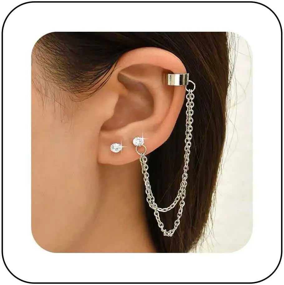 Andelaisi Boho Crystal Tassel Chain Cuff Earrings Gold Cartilage Vintage Crawler Climber Sparkly CZ Wrap Jewelry for Women and Girls