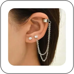 Andelaisi Boho Crystal Tassel Chain Cuff Earrings Gold Cartilage Vintage Crawler Climber Sparkly CZ Wrap Jewelry for Women and Girls