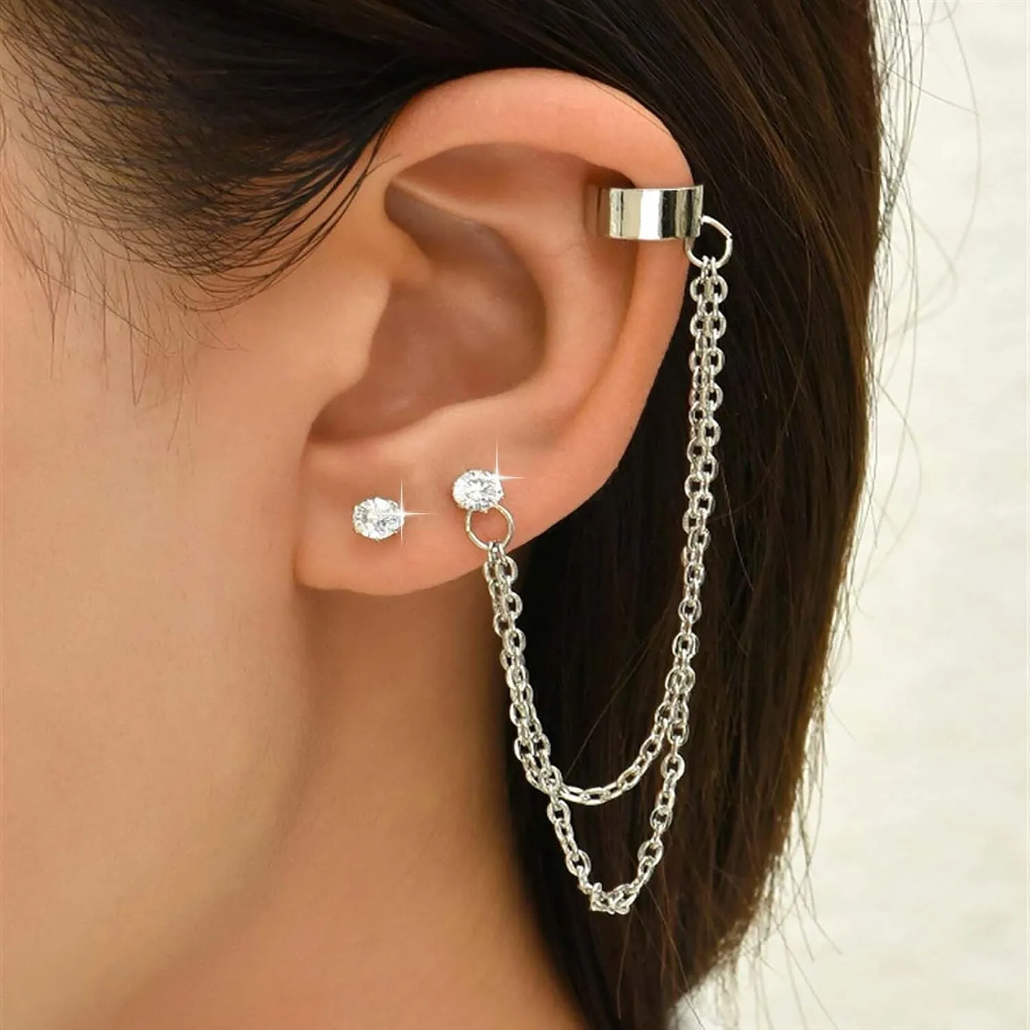 Andelaisi Boho Crystal Tassel Chain Cuff Earrings Gold Cartilage Vintage Crawler Climber Sparkly CZ Wrap Jewelry for Women and Girls