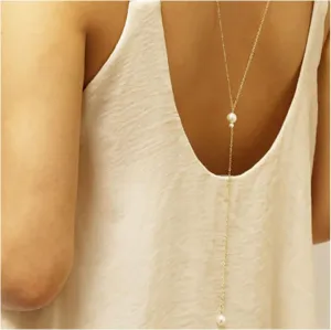 Andelaisi Boho Pearl Back Necklace Long Pearl Backdrop Necklaces Gold Pearl Back Chain Necklace Vintage Body Chain Necklace Summer Body Jewelry for Women