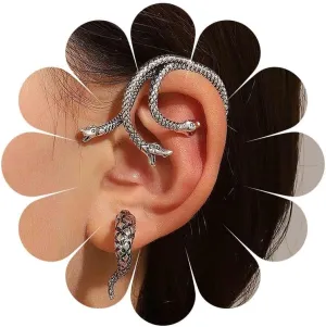 Andelaisi Punk Snake Ear Cuff Earrings Silver Serpent Ear Jacket Vintage Three Heads Climber Gothic Evil Clip Wrap Crawler Jewelry for Women