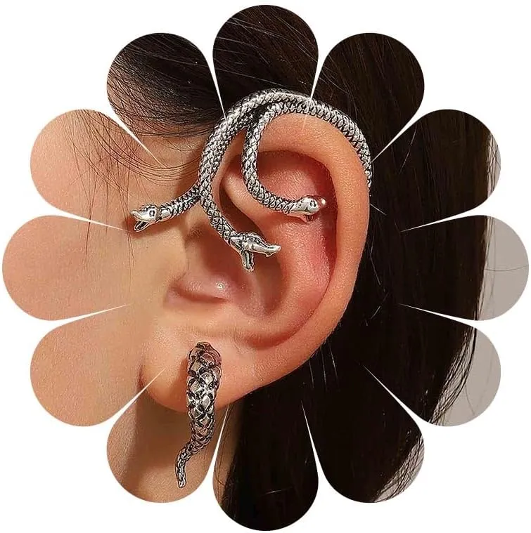 Andelaisi Punk Snake Ear Cuff Earrings Silver Serpent Ear Jacket Vintage Three Heads Climber Gothic Evil Clip Wrap Crawler Jewelry for Women