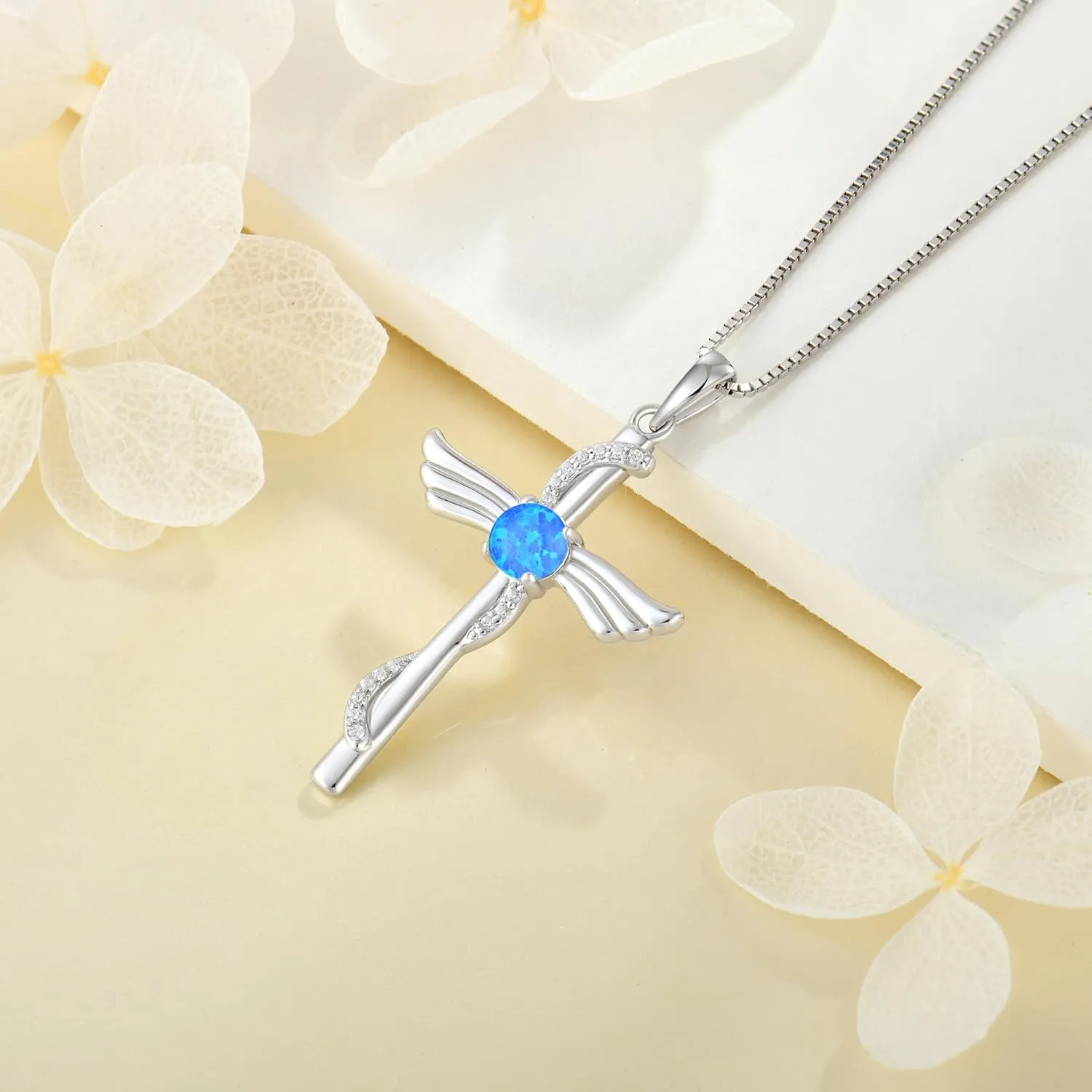 Angel Wings Opal Cross Necklace for Women 925 Sterling Silver Cubic Zirconia Cross Necklaces Christian Religious Faith Jewelry