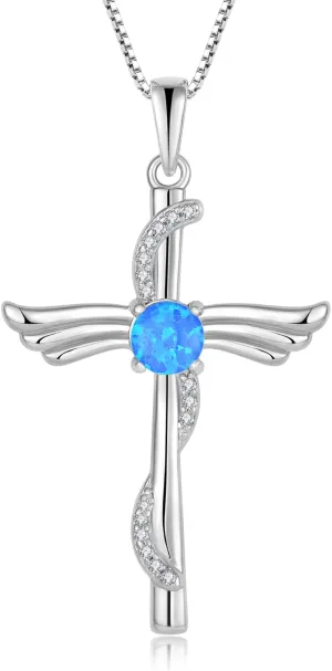 Angel Wings Opal Cross Necklace for Women 925 Sterling Silver Cubic Zirconia Cross Necklaces Christian Religious Faith Jewelry