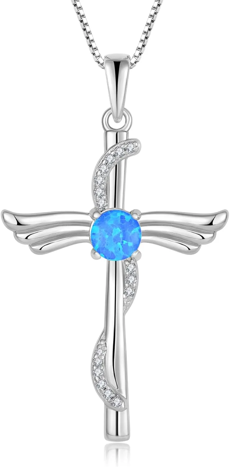 Angel Wings Opal Cross Necklace for Women 925 Sterling Silver Cubic Zirconia Cross Necklaces Christian Religious Faith Jewelry