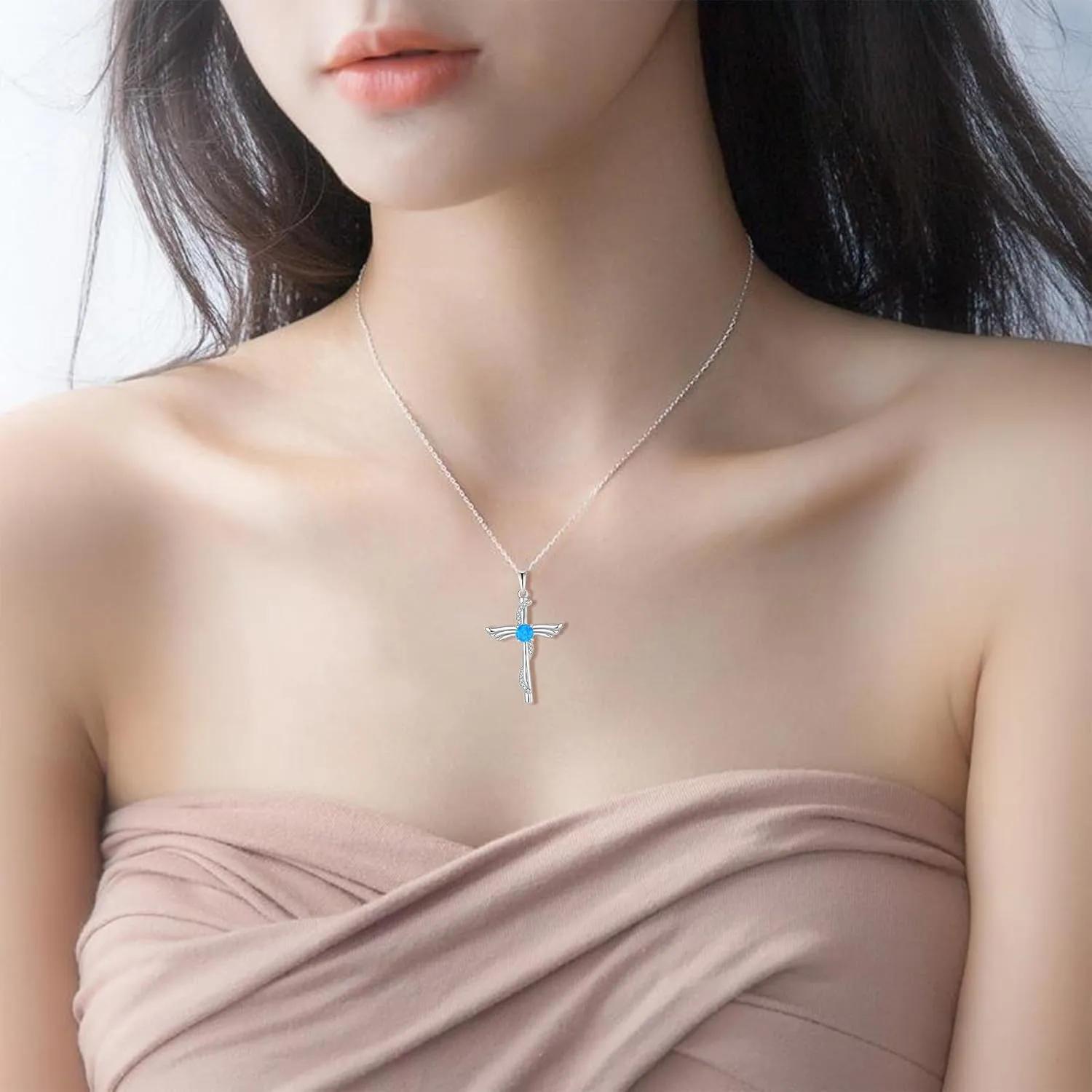 Angel Wings Opal Cross Necklace for Women 925 Sterling Silver Cubic Zirconia Cross Necklaces Christian Religious Faith Jewelry