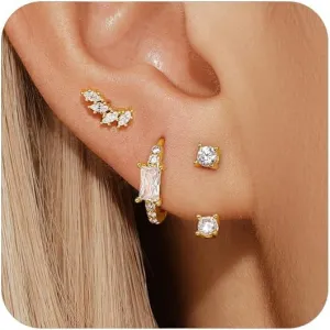 Angelady 3 Pairs Gold Hoop Earrings Set for Women, 14K Small Huggie Earring for Multiple Piercing Hypoallergenic Earring Stacks Trendy Jewelry, Dainty Sun Flower Stud Earrings for Women's Gifts