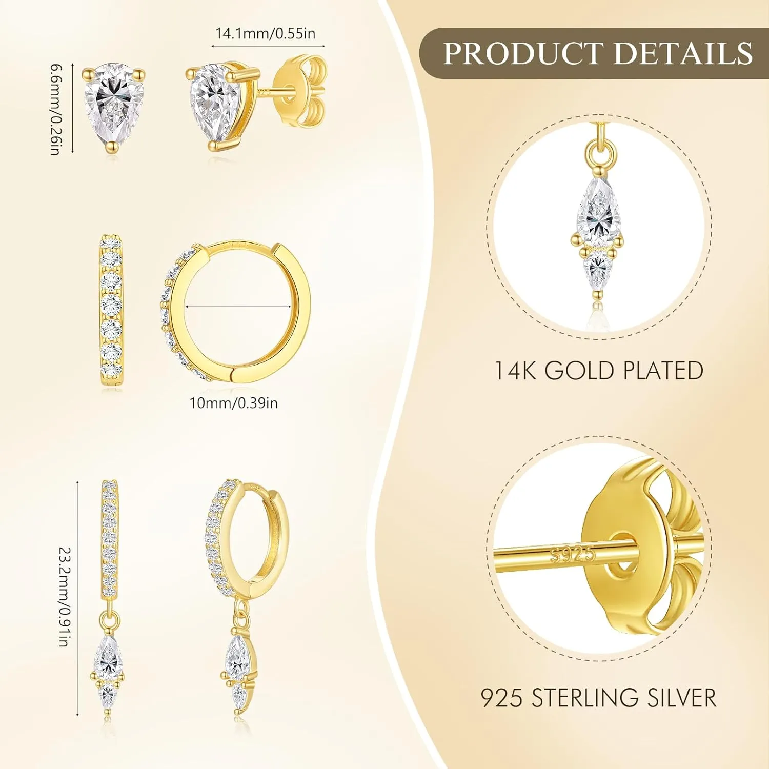 Angelady Gold Hoop Earrings Set for Women, 14K Gold Plated Huggie Earring Trendy, Dainty Hypoallergenic Earring Stacks, Cartilage Small Stud Dangle Earrings multiple piercing, Jewelry Gifts 3 Pairs