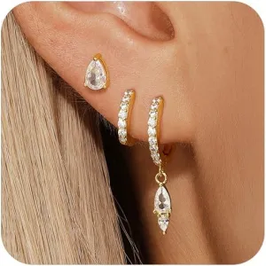 Angelady Gold Hoop Earrings Set for Women, 14K Gold Plated Huggie Earring Trendy, Dainty Hypoallergenic Earring Stacks, Cartilage Small Stud Dangle Earrings multiple piercing, Jewelry Gifts 3 Pairs