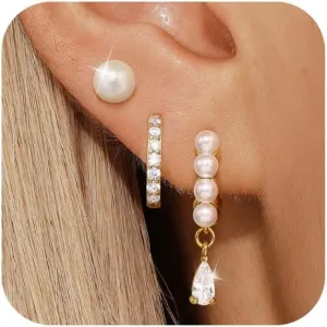 Angelady Pearl Earrings Set for Women, Trendy Pearl Stud Hoop Earring Stacks Gold, Dainty Pearls Earring Jewelry for Women, Valentines Day Earrings Gifts for Her