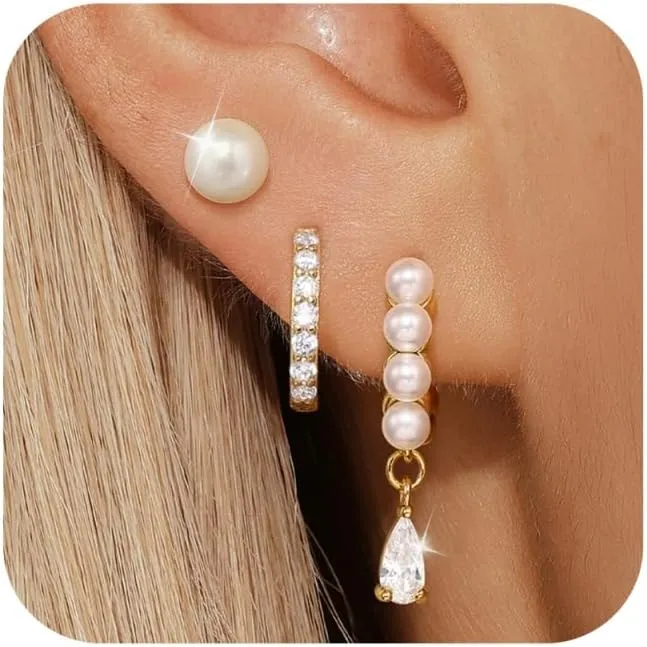 Angelady Pearl Earrings Set for Women, Trendy Pearl Stud Hoop Earring Stacks Gold, Dainty Pearls Earring Jewelry for Women, Valentines Day Earrings Gifts for Her