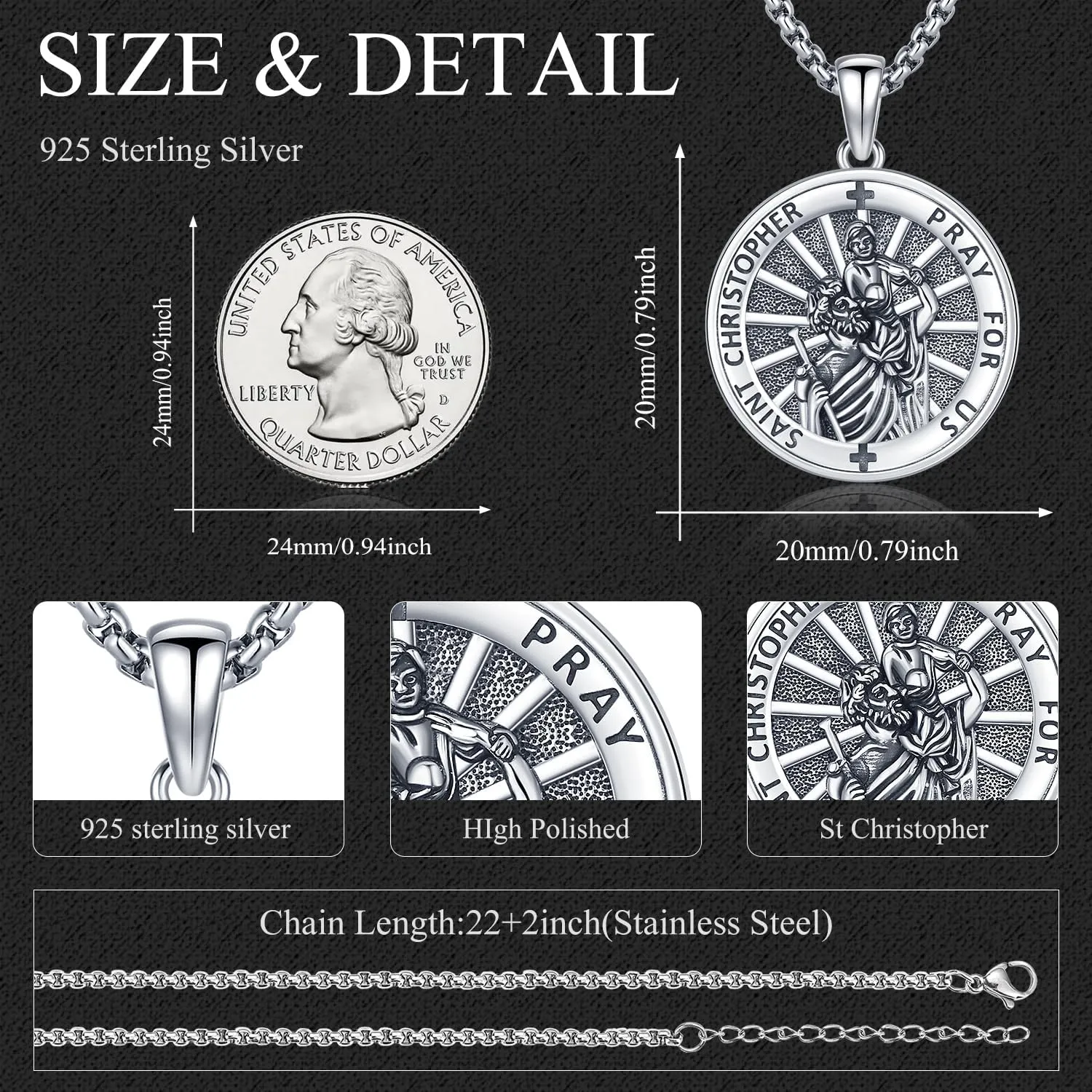 Aniu St. Michael/St. Christopher/St.Bemedict/Jesus Cross Pendant Necklaces Sterling Silver Religious Gifts for Men Women