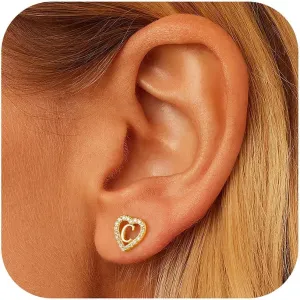 Anoup Heart Initial Stud Earrings for Women - Gifts for Women, Sterling Silver Post 14K Gold Plated All Over Hypoallergenic | CZ Simulated Diamond Stud Earrings for Women Trendy