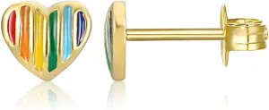 AoedeJ 14K Gold Plated Heart Stud Earrings Sterling Silver Earrings Rainbow Heart Small Stud Earrings