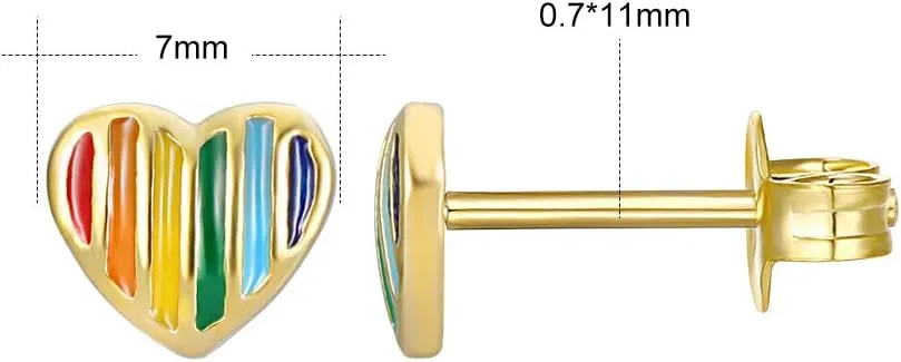 AoedeJ 14K Gold Plated Heart Stud Earrings Sterling Silver Earrings Rainbow Heart Small Stud Earrings