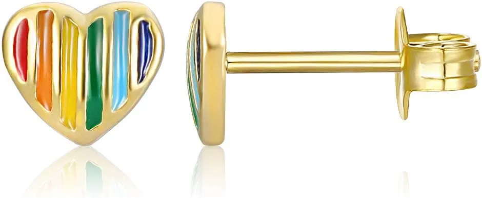 AoedeJ 14K Gold Plated Heart Stud Earrings Sterling Silver Earrings Rainbow Heart Small Stud Earrings