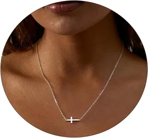 ASCOMY Dainty CZ Cross Pendant Necklaces for Women 14k Gold Plated Simple Cute Sideways Cubic Zirconia Rhinestone Cross Necklace Tiny Minimalist Jewelry Gifts