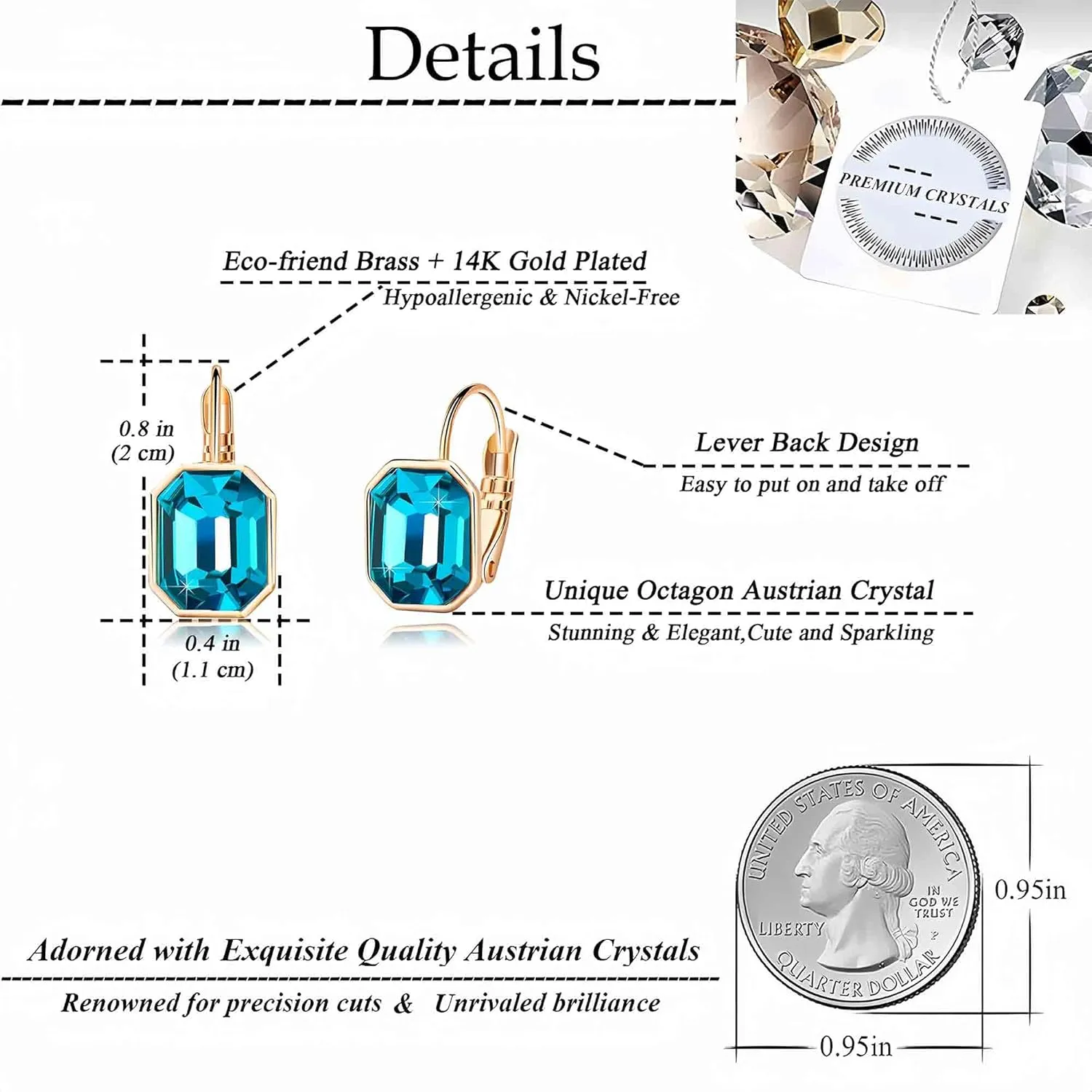Austrian Crystal Octagon Leverback Drop Earrings for Women 14K Rose Gold Plated Hypoallergenic Jewelry