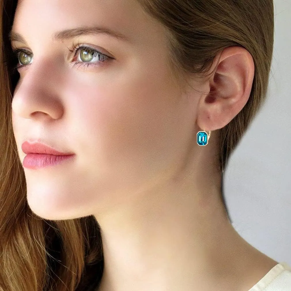 Austrian Crystal Octagon Leverback Drop Earrings for Women 14K Rose Gold Plated Hypoallergenic Jewelry