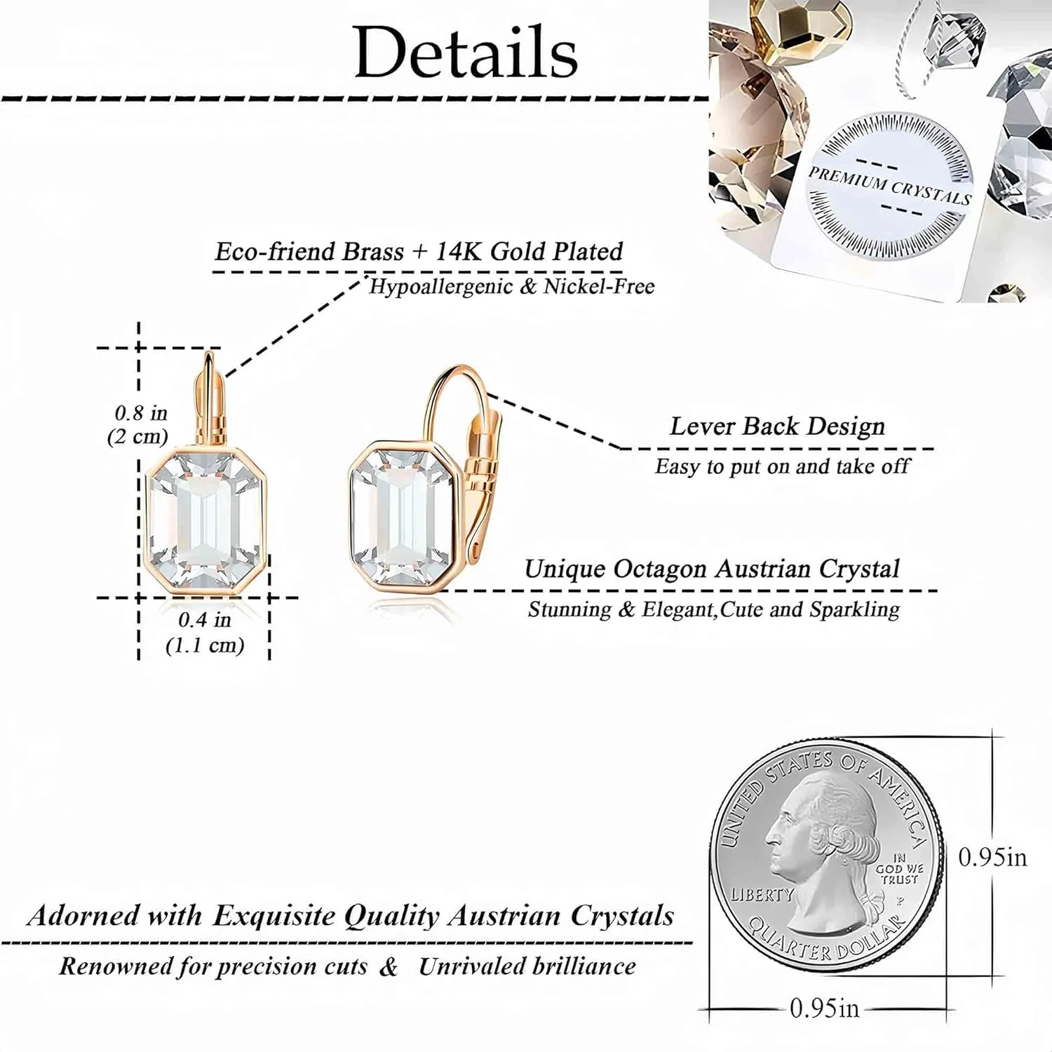 Austrian Crystal Octagon Leverback Drop Earrings for Women 14K Rose Gold Plated Hypoallergenic Jewelry