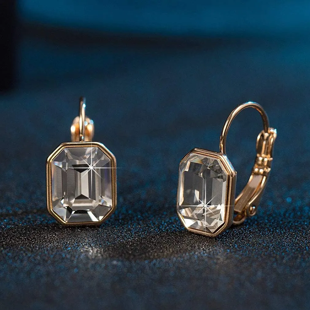 Austrian Crystal Octagon Leverback Drop Earrings for Women 14K Rose Gold Plated Hypoallergenic Jewelry