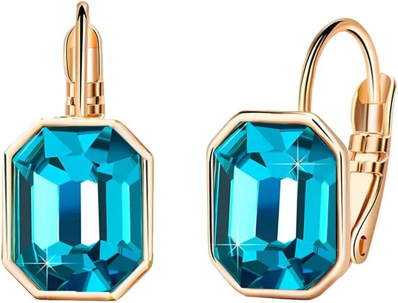 Austrian Crystal Octagon Leverback Drop Earrings for Women 14K Rose Gold Plated Hypoallergenic Jewelry