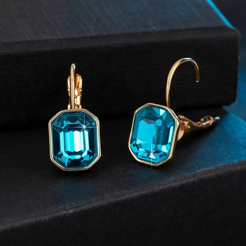 Austrian Crystal Octagon Leverback Drop Earrings for Women 14K Rose Gold Plated Hypoallergenic Jewelry