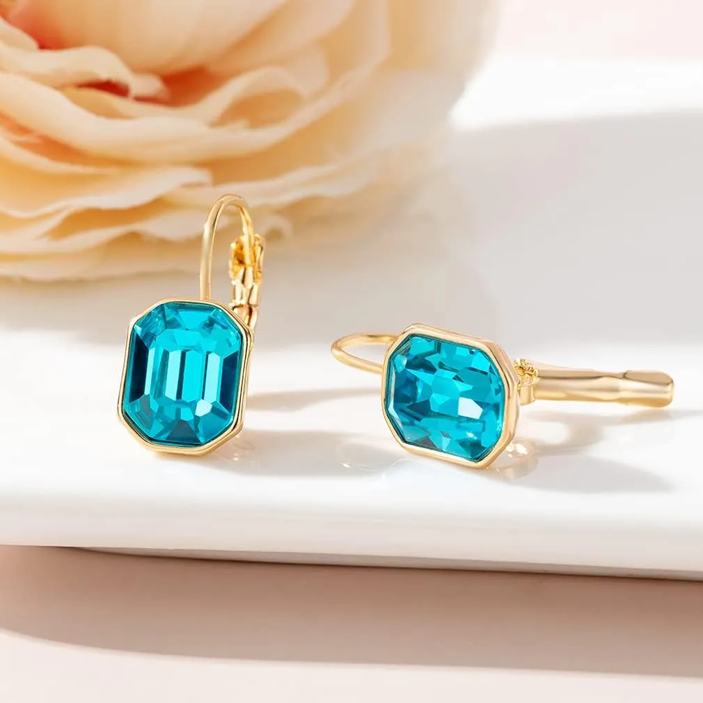 Austrian Crystal Octagon Leverback Drop Earrings for Women 14K Rose Gold Plated Hypoallergenic Jewelry