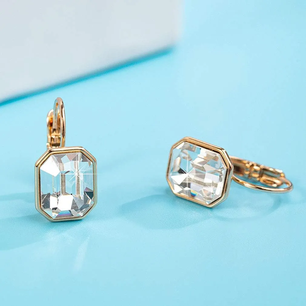 Austrian Crystal Octagon Leverback Drop Earrings for Women 14K Rose Gold Plated Hypoallergenic Jewelry