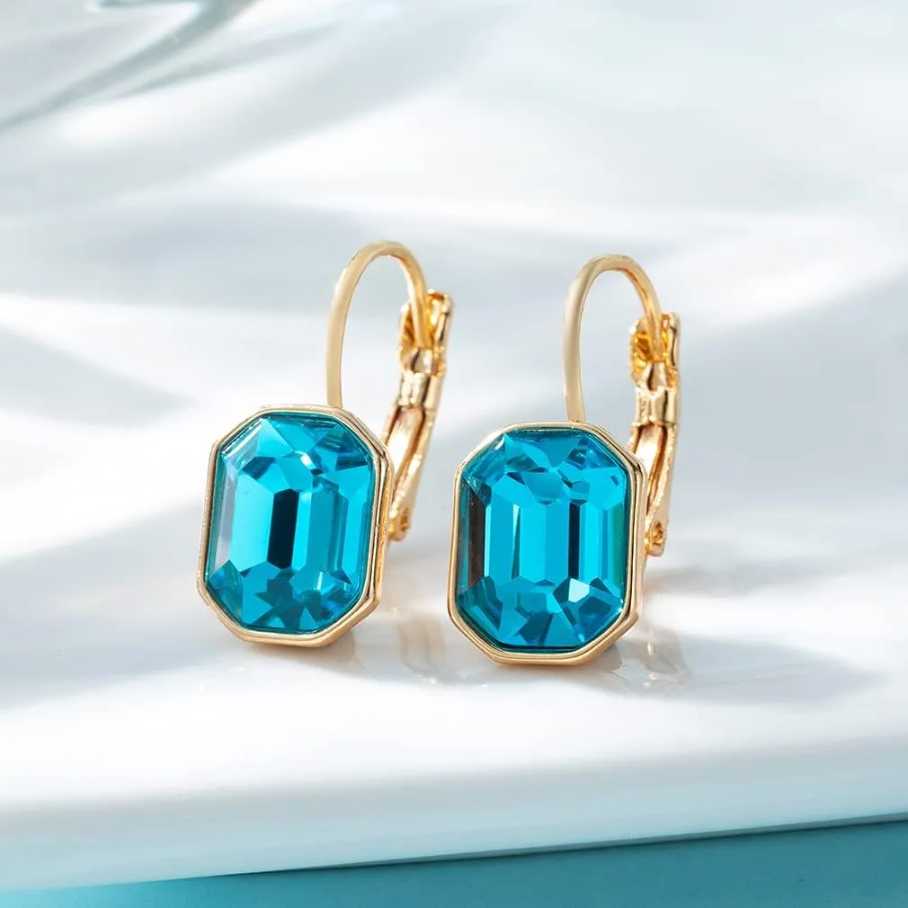 Austrian Crystal Octagon Leverback Drop Earrings for Women 14K Rose Gold Plated Hypoallergenic Jewelry