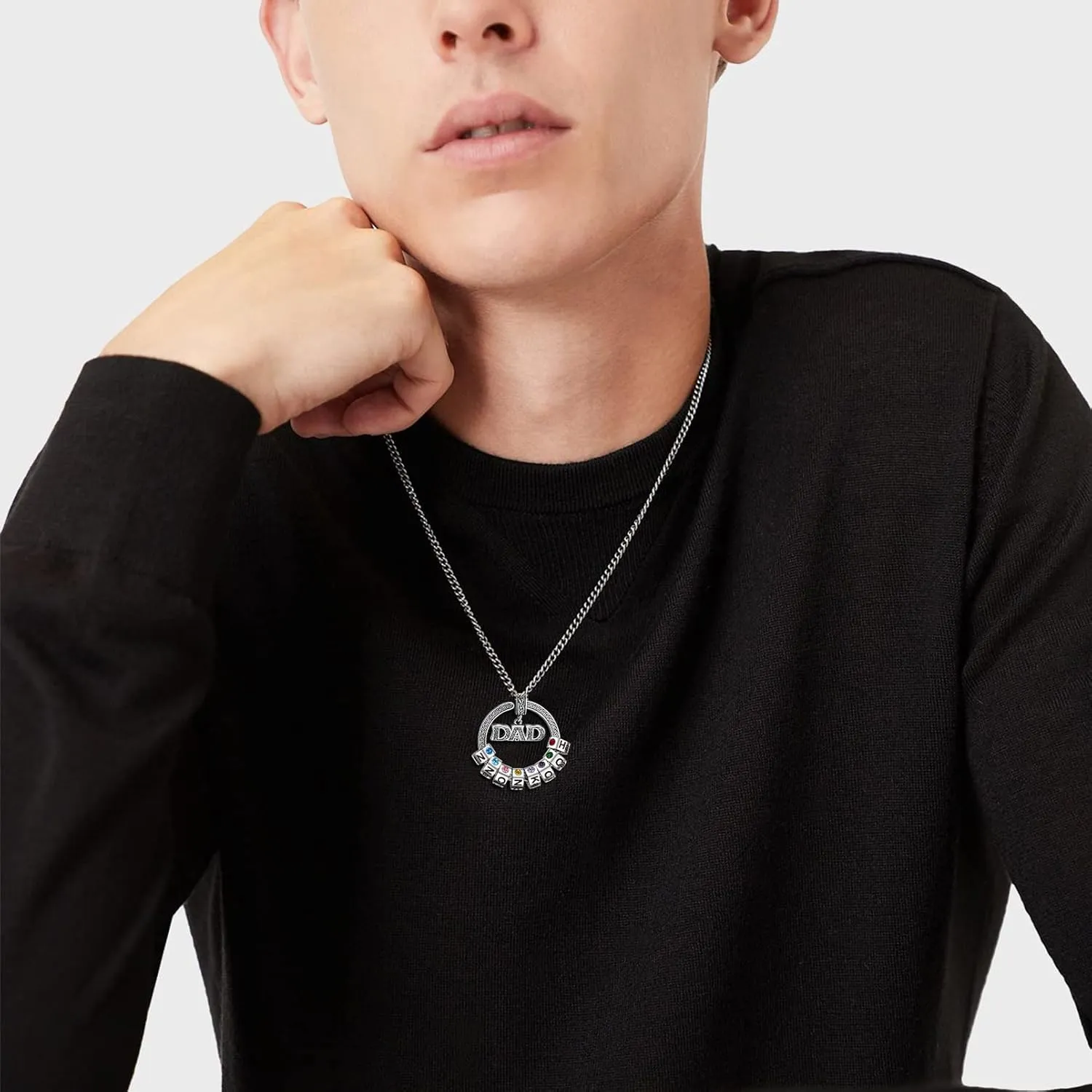 BABOOM Personalized Dad Necklace with 1-8 Birthstones Custom Fathers Day Necklace Engraved Name Necklaces for Men Father Grandfather Uncles (8 Stones)