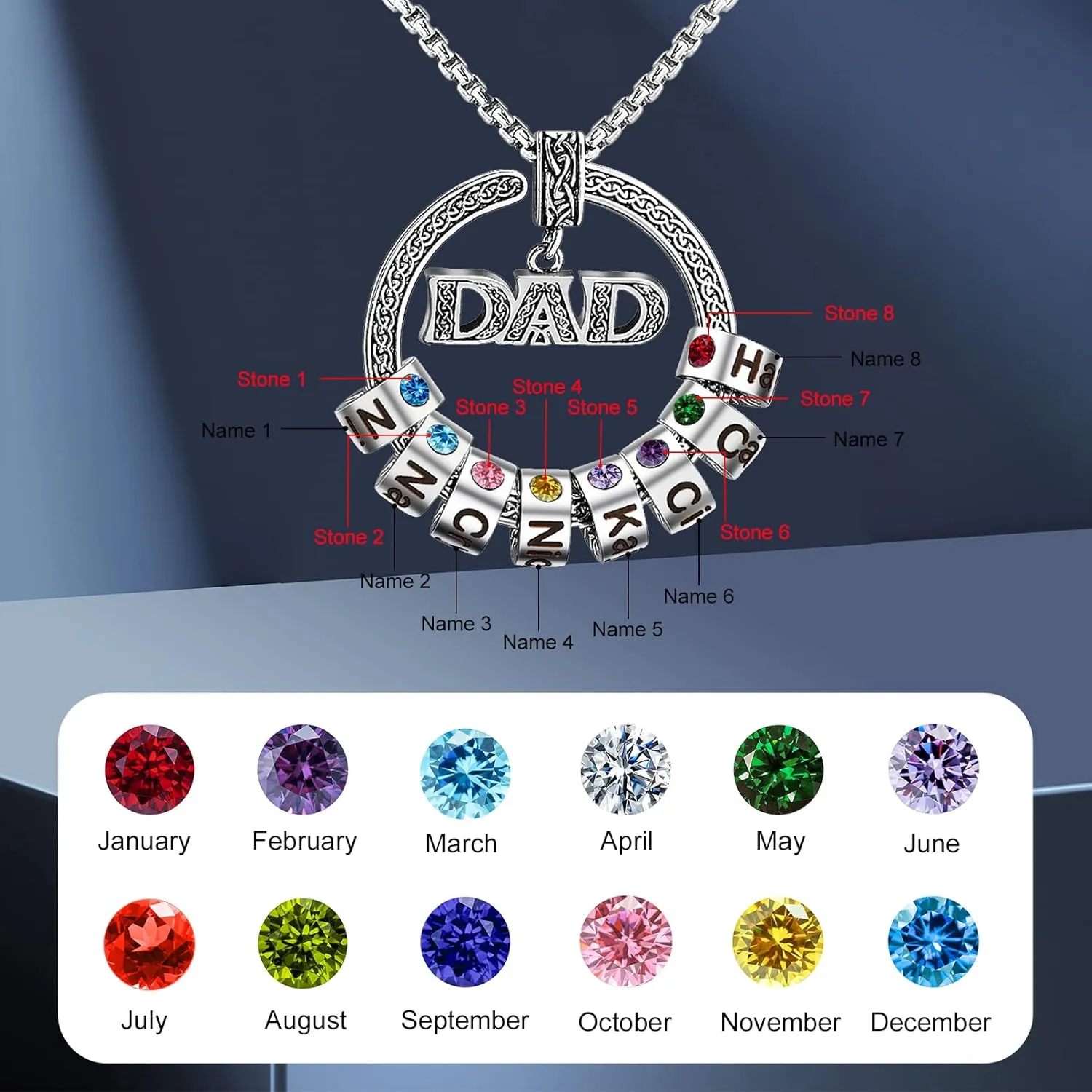 BABOOM Personalized Dad Necklace with 1-8 Birthstones Custom Fathers Day Necklace Engraved Name Necklaces for Men Father Grandfather Uncles (8 Stones)