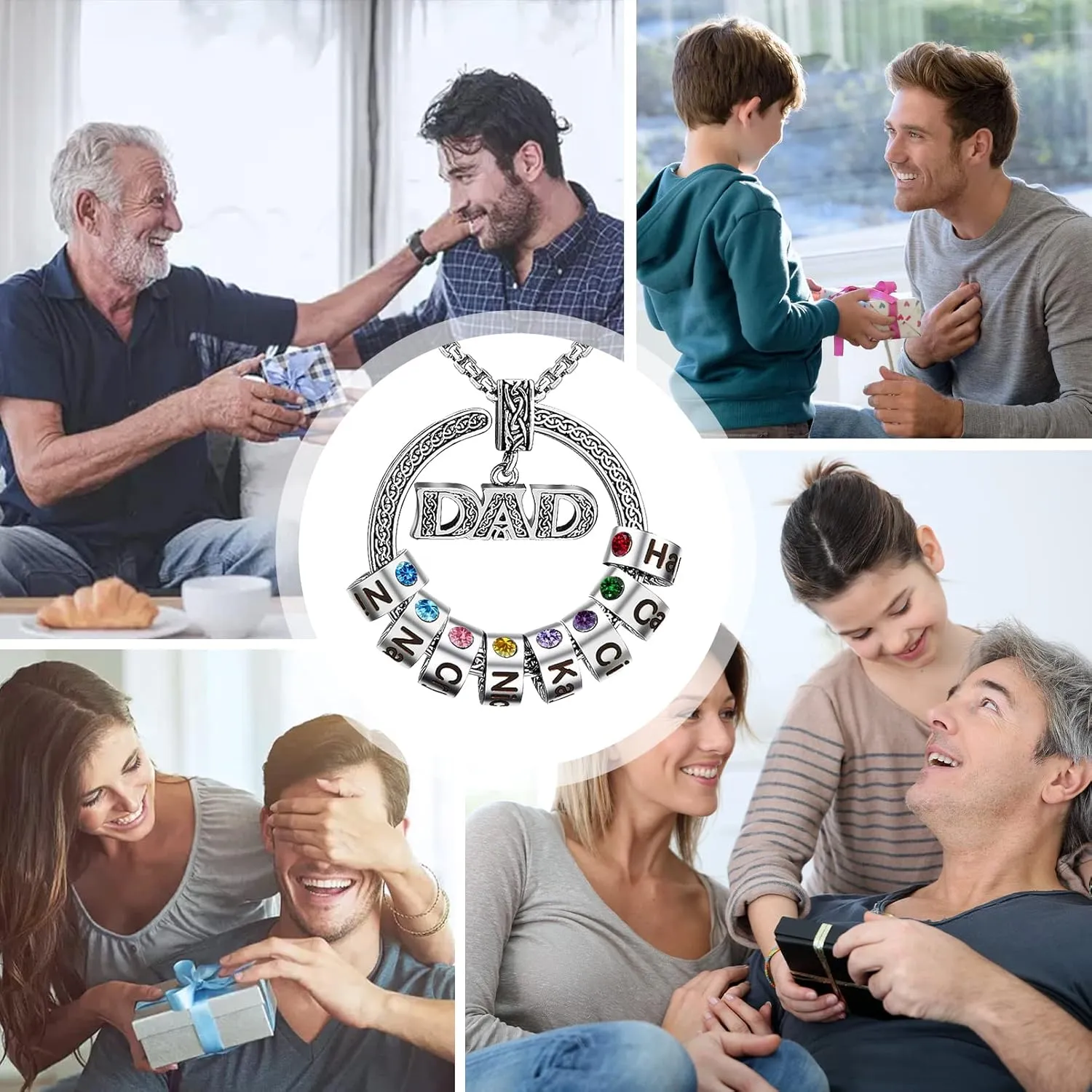 BABOOM Personalized Dad Necklace with 1-8 Birthstones Custom Fathers Day Necklace Engraved Name Necklaces for Men Father Grandfather Uncles (8 Stones)