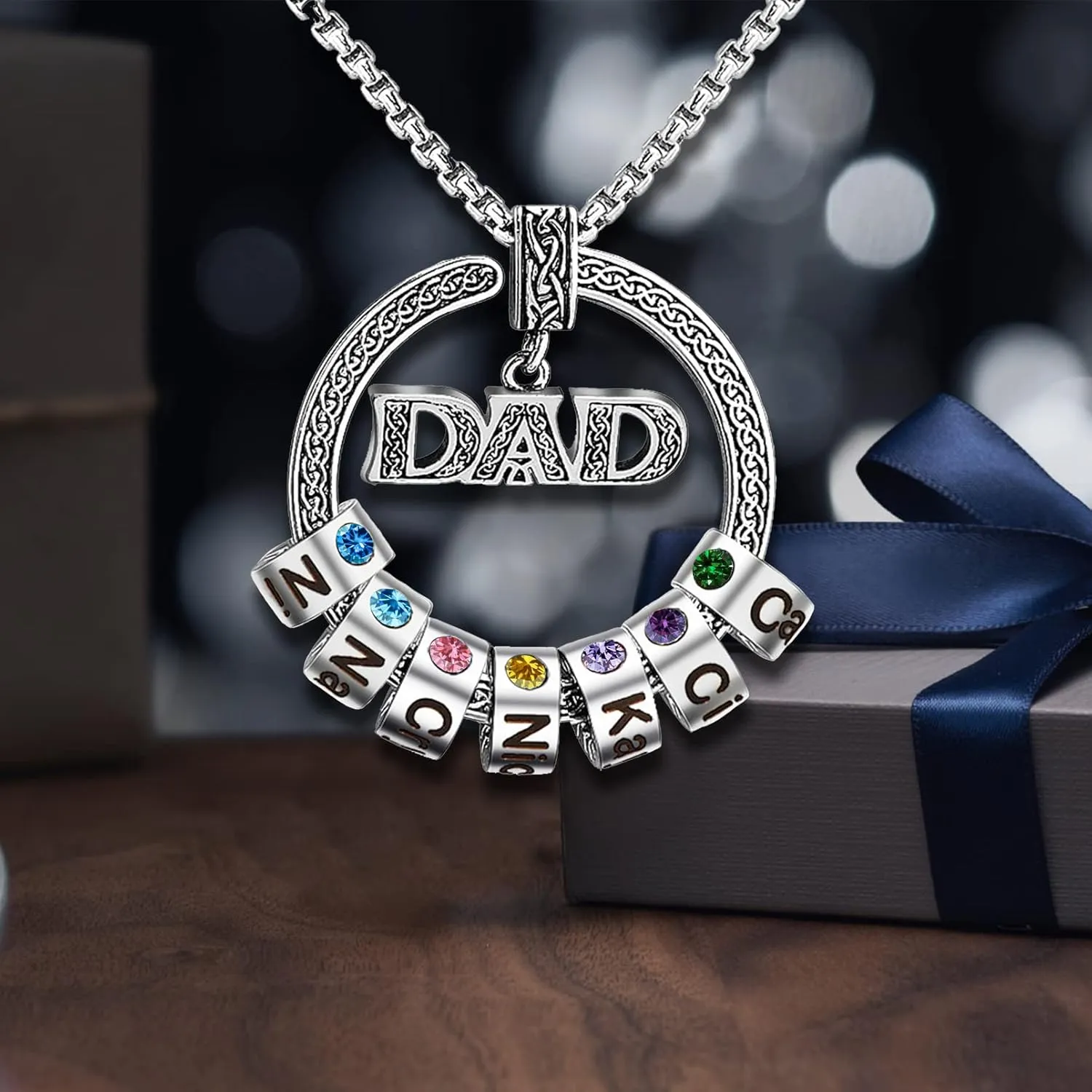 BABOOM Personalized Dad Necklace with 1-8 Birthstones Custom Fathers Day Necklace Engraved Name Necklaces for Men Father Grandfather Uncles (8 Stones)