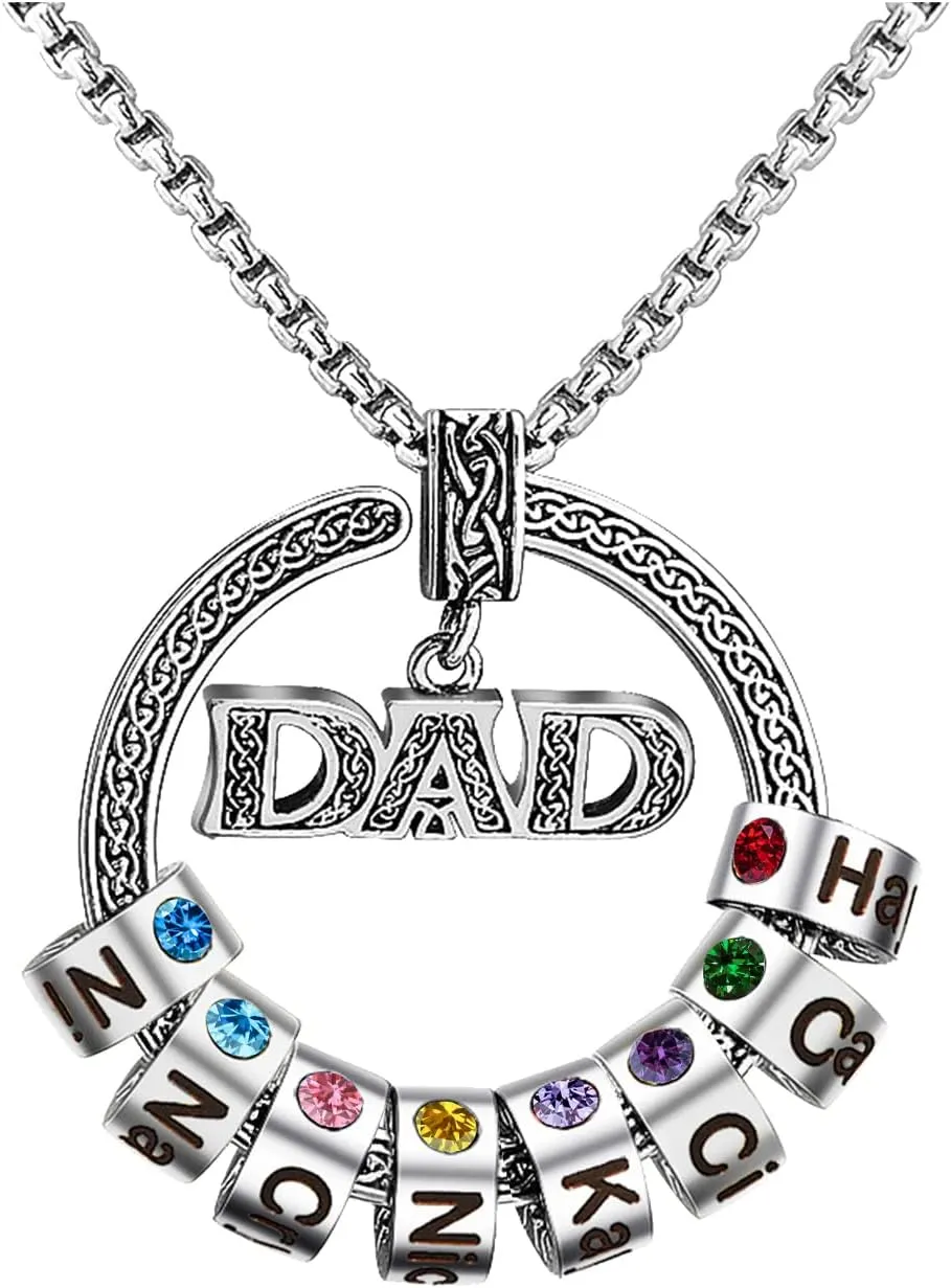 BABOOM Personalized Dad Necklace with 1-8 Birthstones Custom Fathers Day Necklace Engraved Name Necklaces for Men Father Grandfather Uncles (8 Stones)