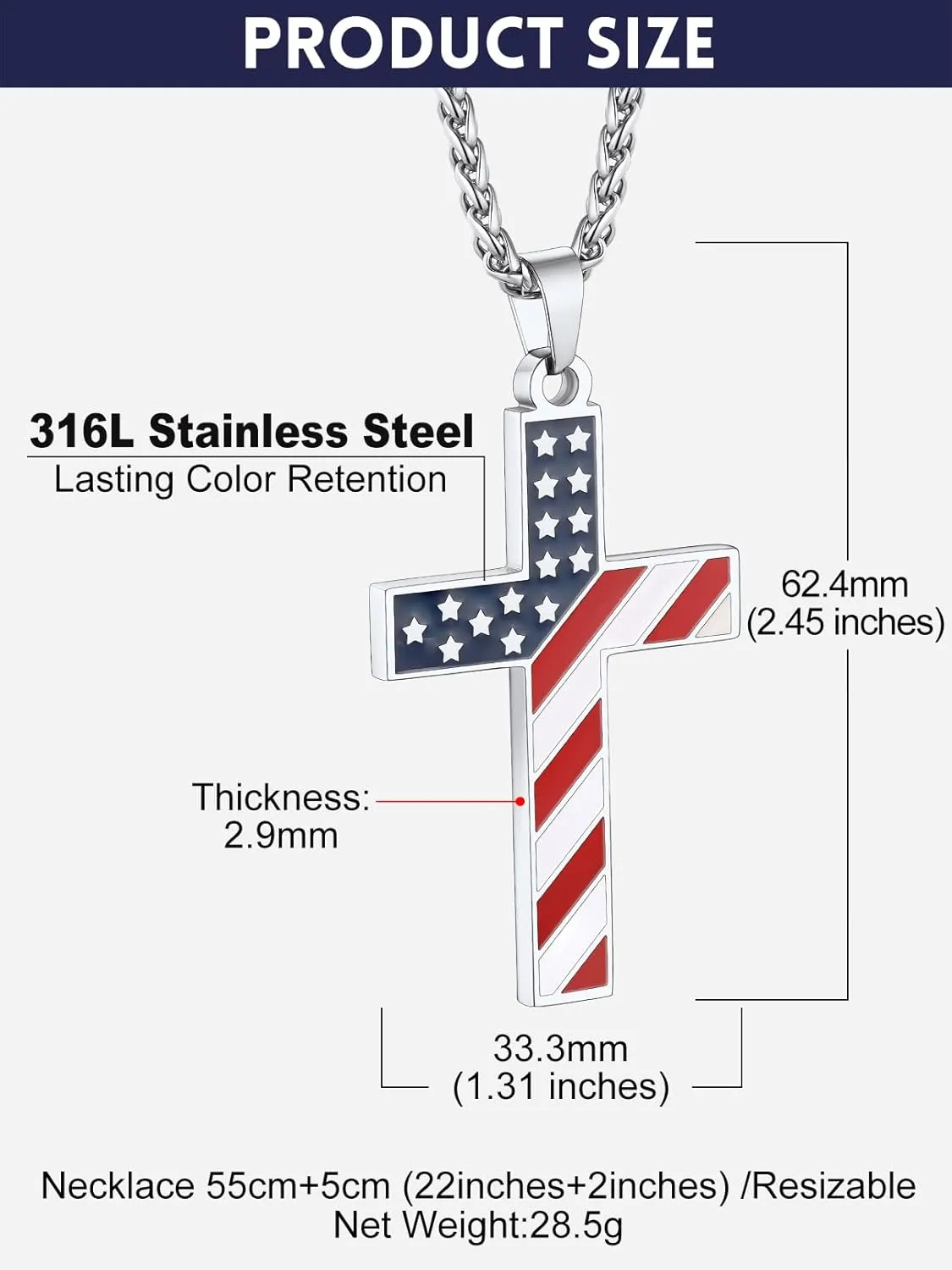 Bandmax Mens Stainless Steel Pendant Necklaces, American Flag Military Dog Tag with 22" Spiga Chain Independence Day Patriotic Jewelry for Men Women