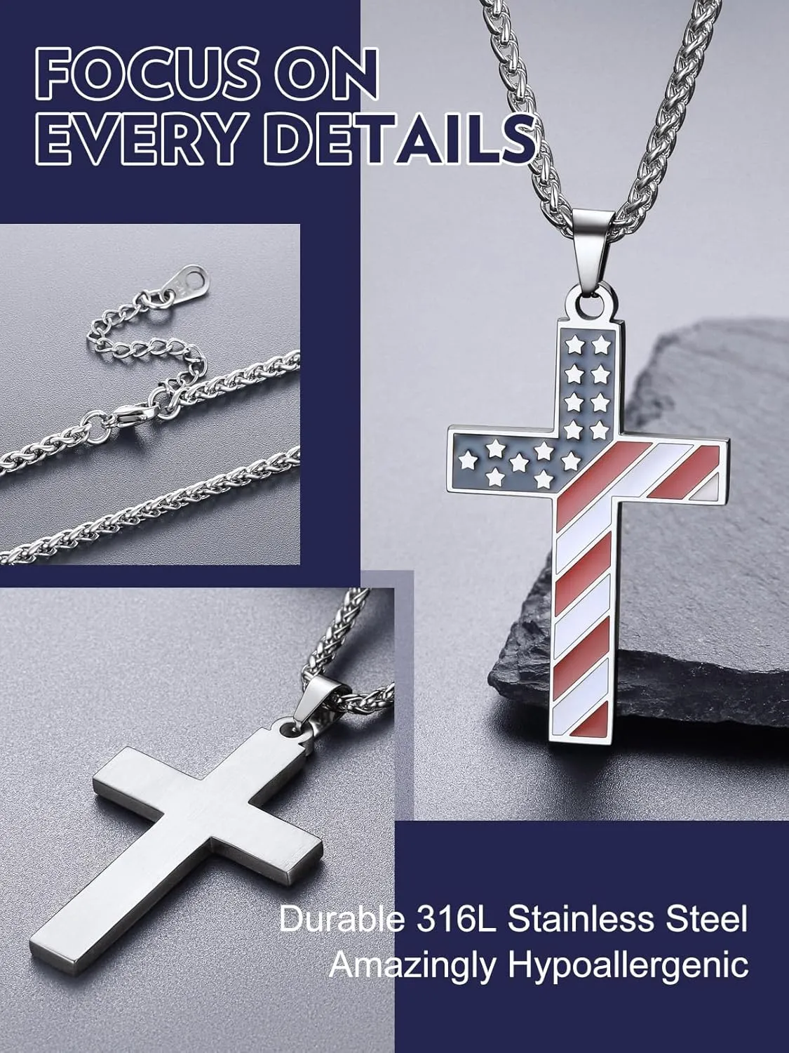 Bandmax Mens Stainless Steel Pendant Necklaces, American Flag Military Dog Tag with 22" Spiga Chain Independence Day Patriotic Jewelry for Men Women