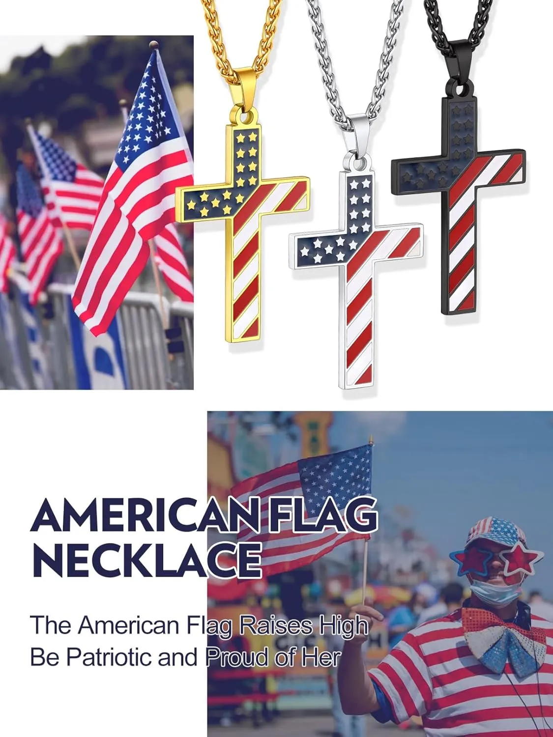 Bandmax Mens Stainless Steel Pendant Necklaces, American Flag Military Dog Tag with 22" Spiga Chain Independence Day Patriotic Jewelry for Men Women