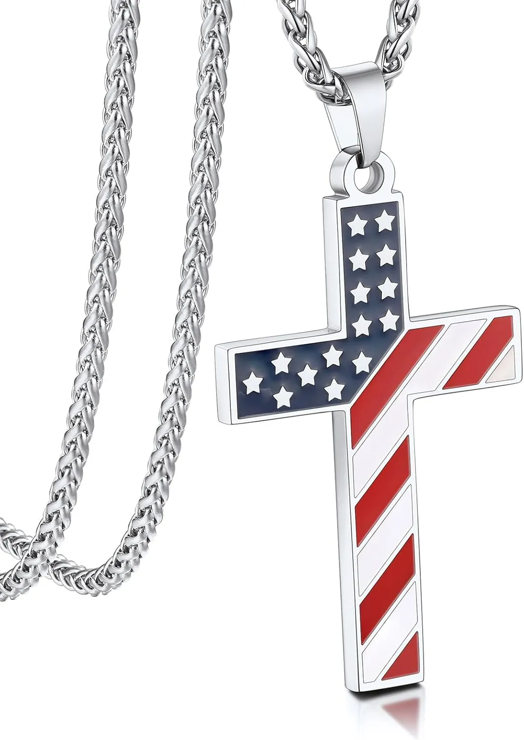 Bandmax Mens Stainless Steel Pendant Necklaces, American Flag Military Dog Tag with 22" Spiga Chain Independence Day Patriotic Jewelry for Men Women