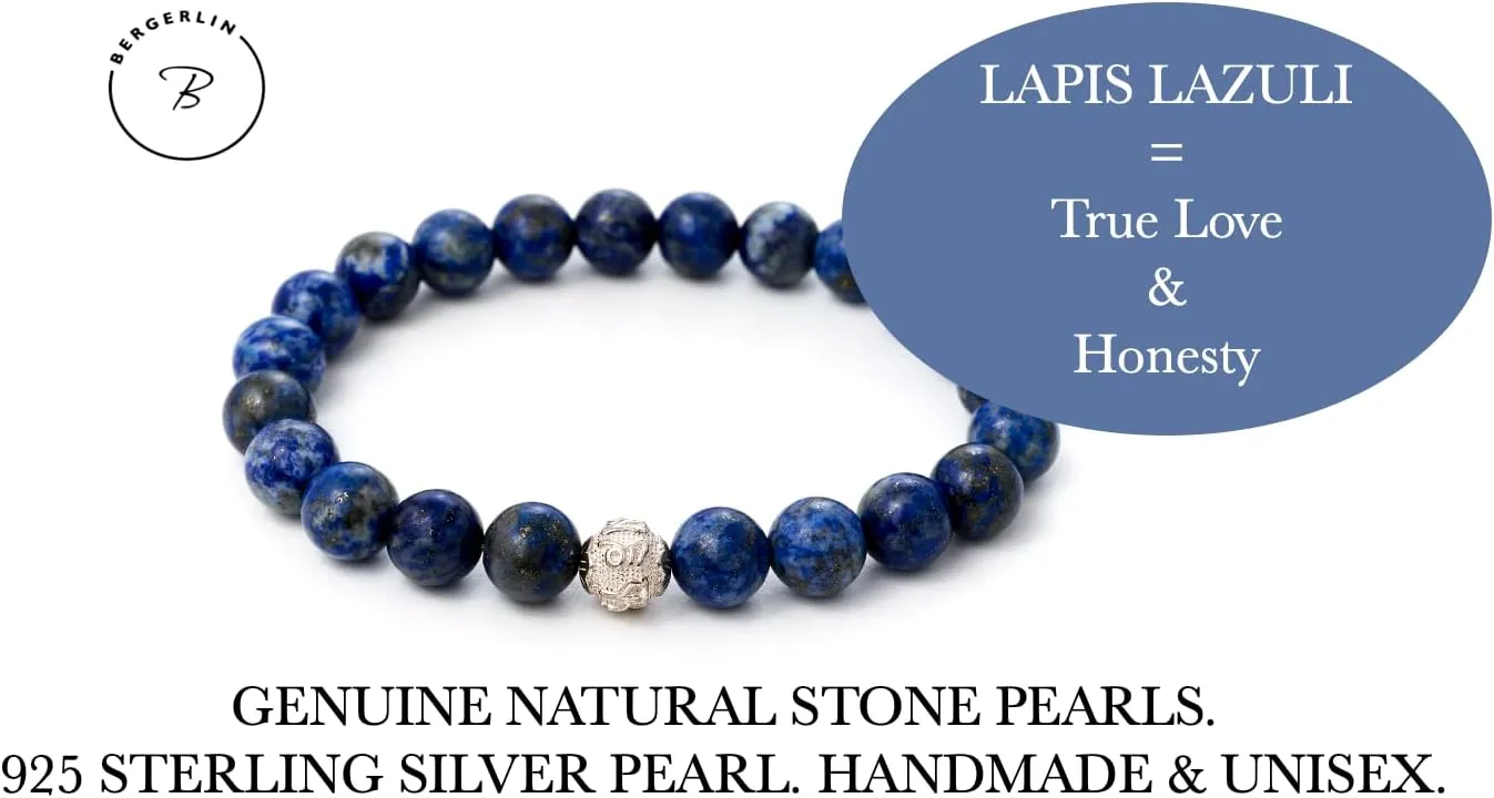 BERGERLIN - Real natural stone bracelet with 925 Sterling silver pearl and genuine 8mm natural stone pearls - Certified Quality