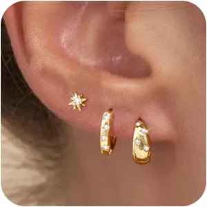BERISO 14K Gold Hoop Earrings for Women - Hypoallergenic Small Huggie Hoops Cartilage Earrings Set Cute Cubic Zirconia Dangle Stud Earrings Jewelry Gifts