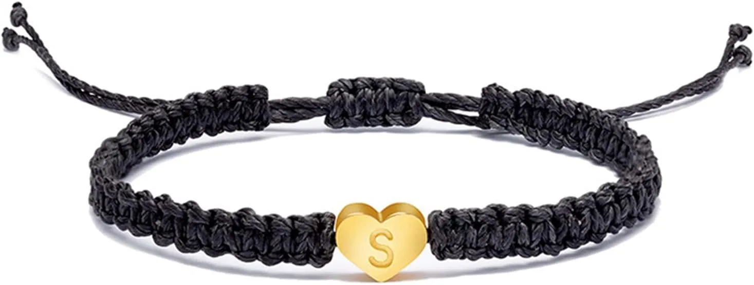 Best Friend Necklaces Adjustable Chain Bracelet, Couple Bracelet Heart Braided Rope Gifts 26 Letters Initial Charms Bracelet Jewelry Gift for BFF Friendship Couples S