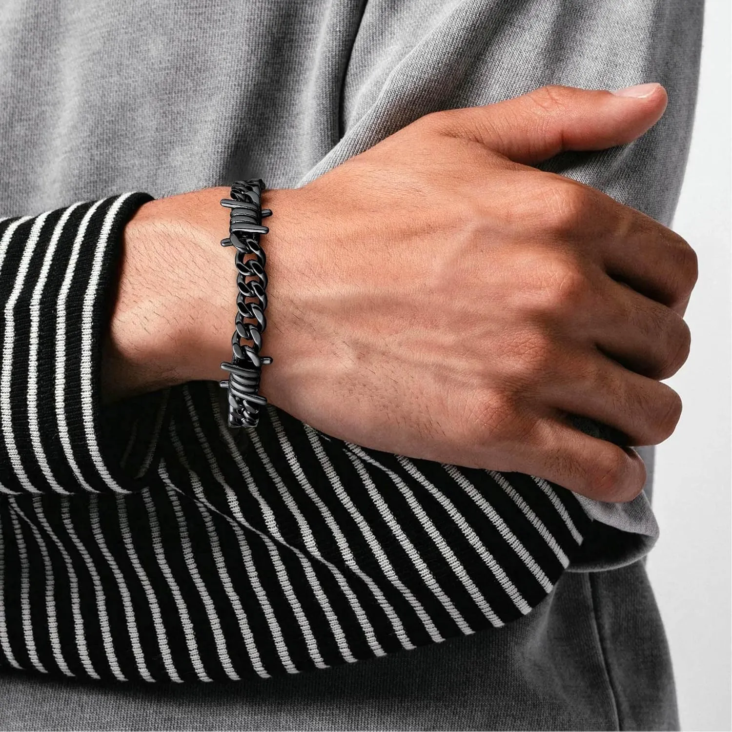 Bestyle Gothic Barbed Wire Bracelets 9mm Stainless Steel Cuban Link Chain Hand Chain Heavy Thicker Barb Wire Gothic Bracelets for Men Women