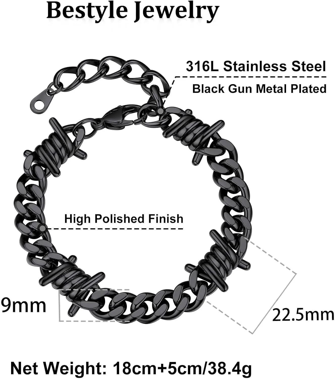 Bestyle Gothic Barbed Wire Bracelets 9mm Stainless Steel Cuban Link Chain Hand Chain Heavy Thicker Barb Wire Gothic Bracelets for Men Women