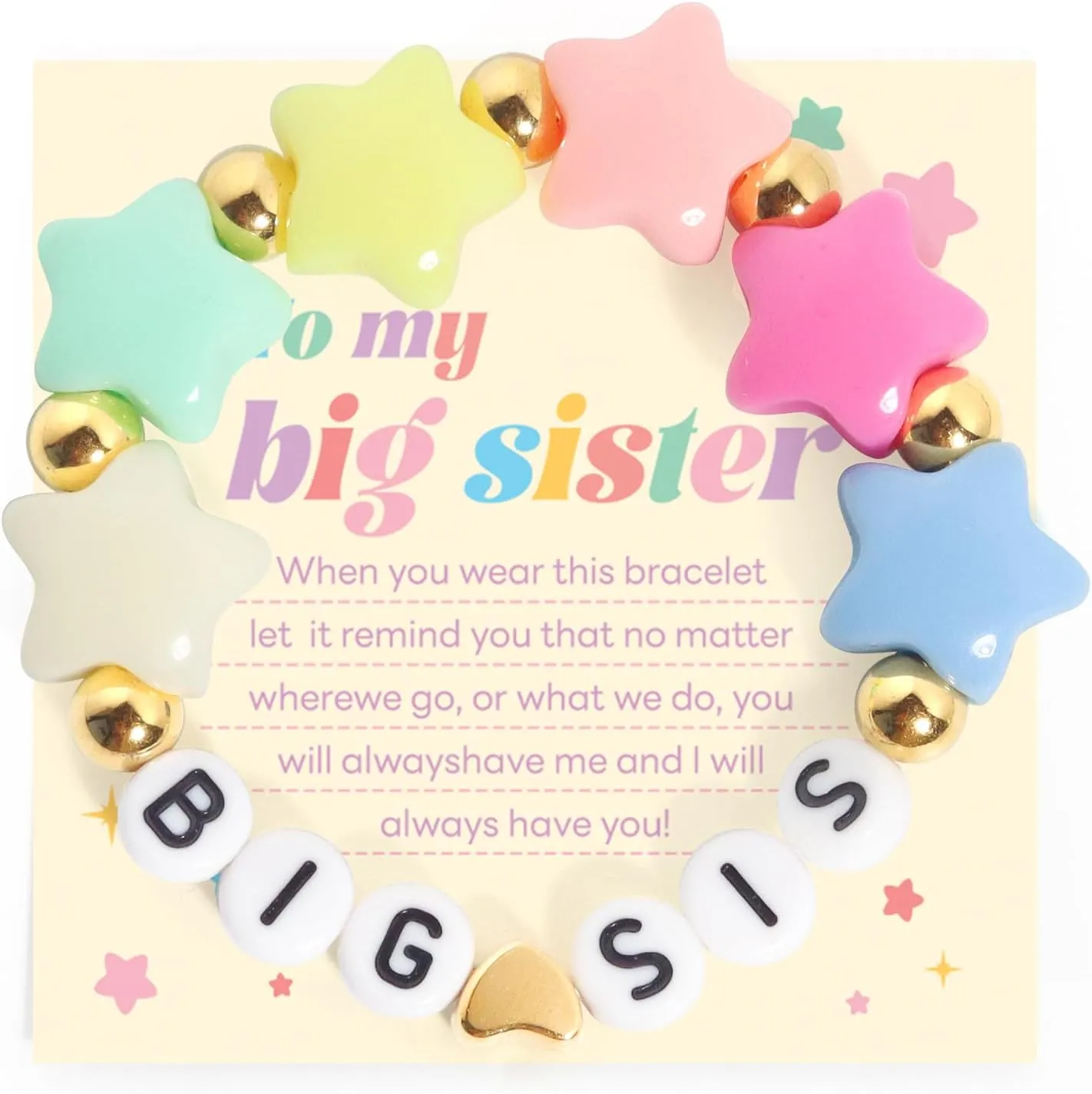 Big Sister Bracelets, Heart Charm Beads Stackable Bracelet Surfer Stretch Accessories Jewelry Gift for Big Sis