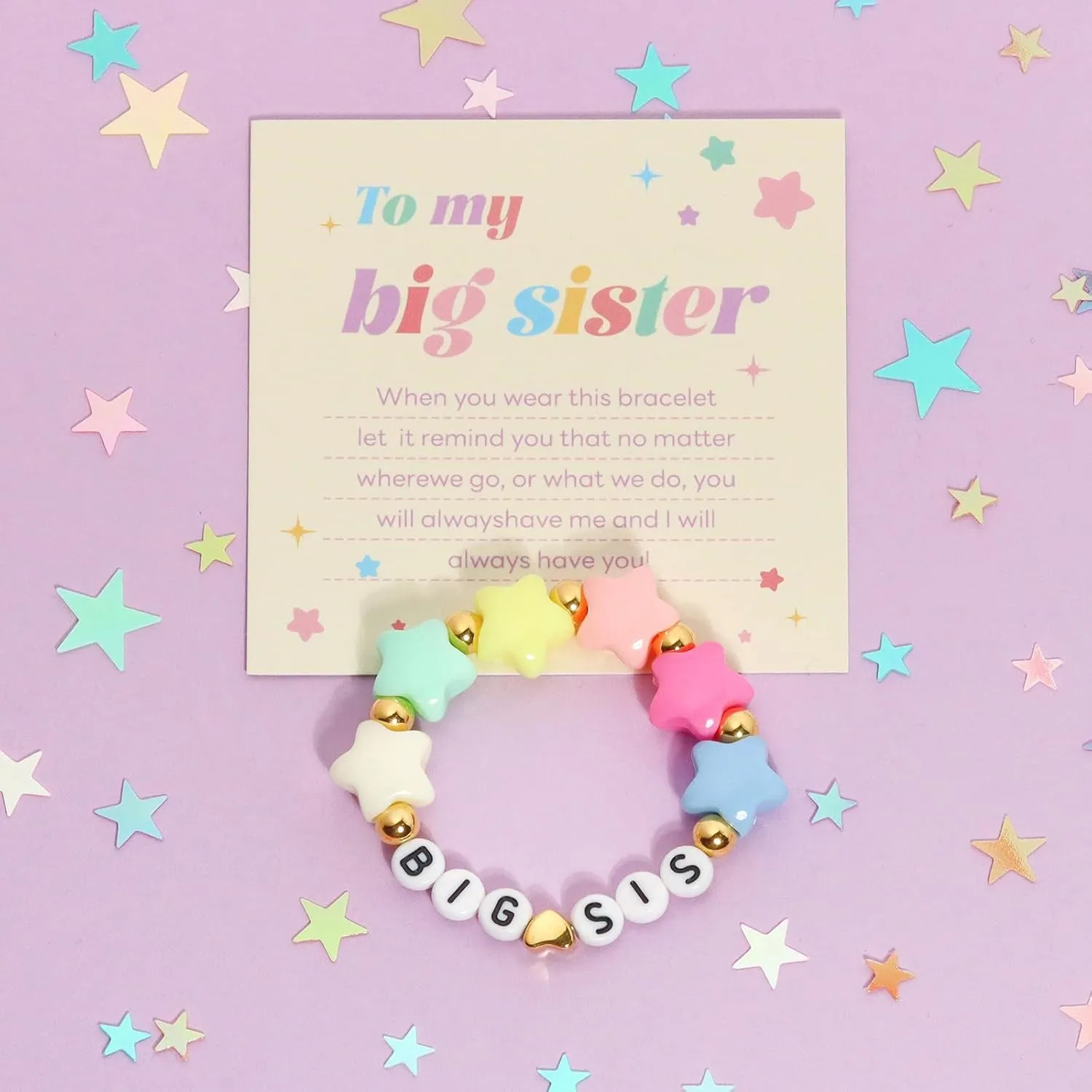 Big Sister Bracelets, Heart Charm Beads Stackable Bracelet Surfer Stretch Accessories Jewelry Gift for Big Sis
