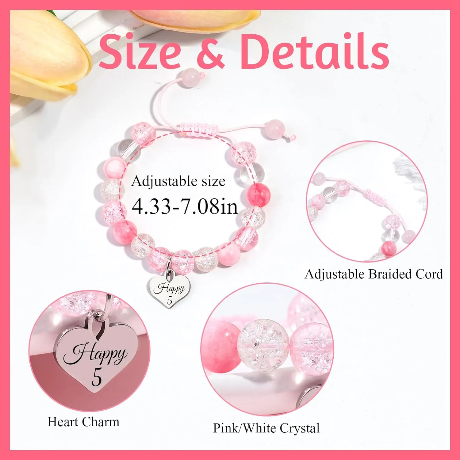 Birthday Bracelets Gifts for 1 2 3 4 5 6 7 8 Year Old Girls, Pink and white crystals Heart Charms Bracelets, Birthday Gifts for Girls Daughter Granddaughter Niece